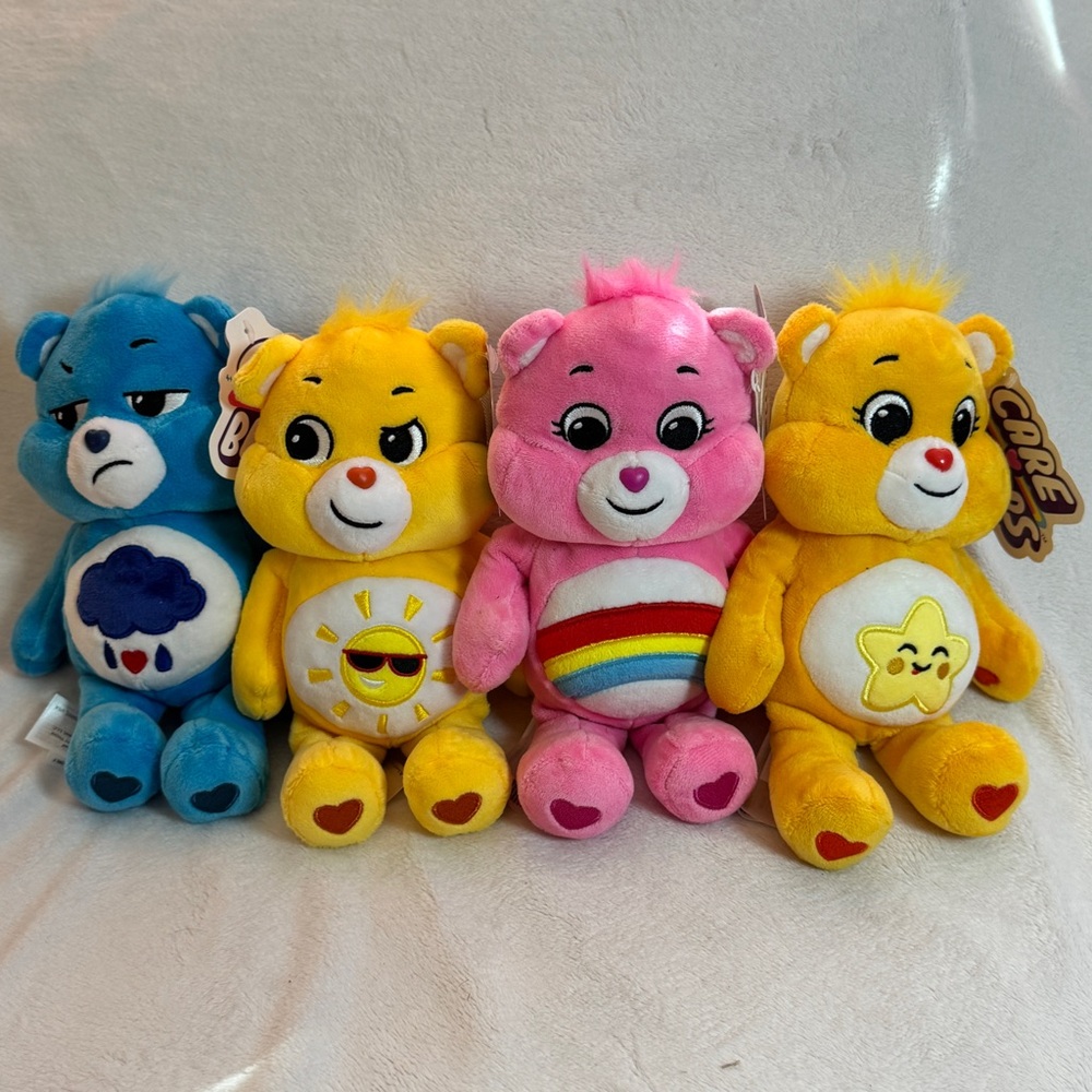NEW Care Bears Set Of 4: LaughALot, Cheer, Funshine, &‎ Grumpy Bears -Basic Fun